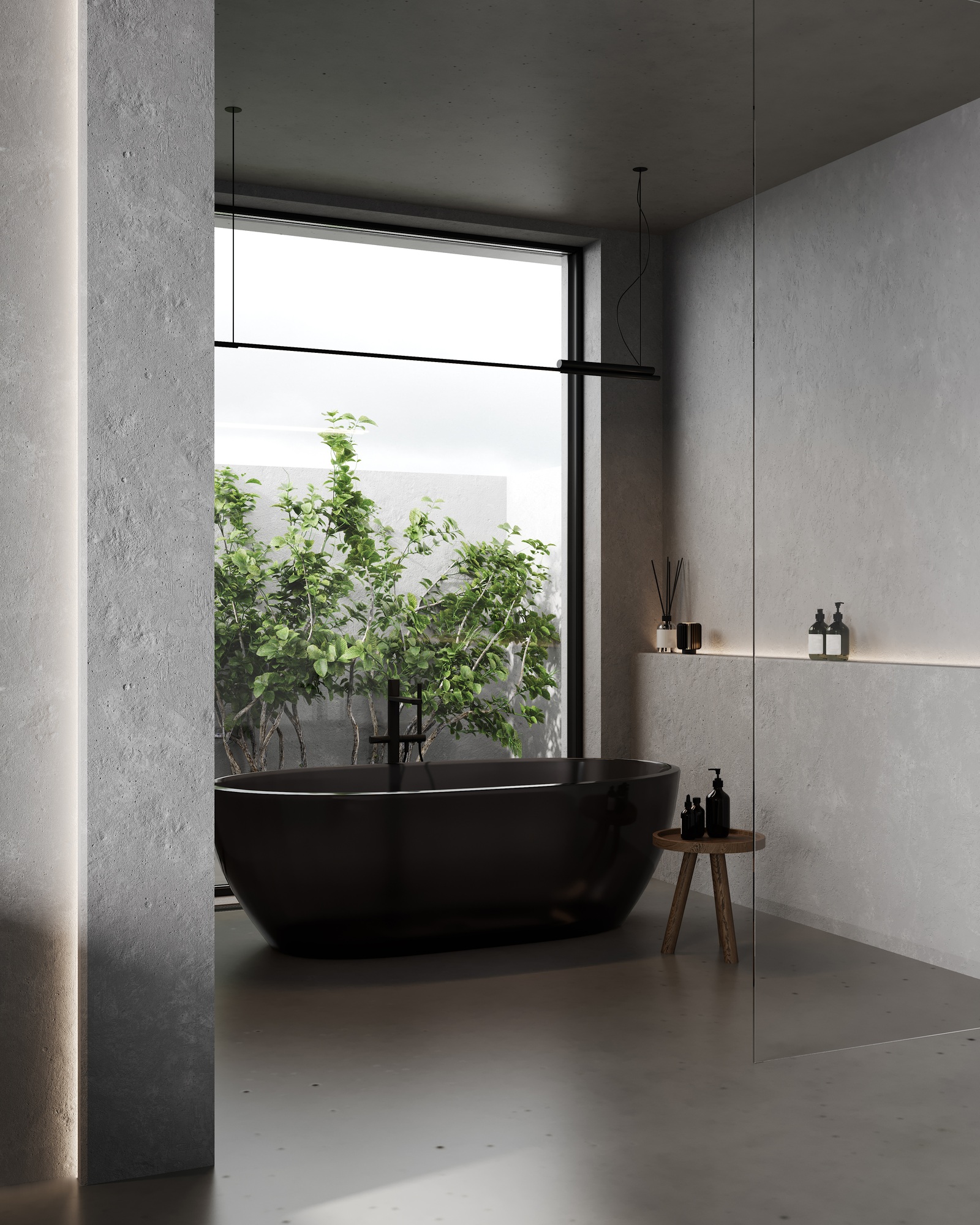 Modern bathroom interior mock up with glass bathtub, big window and bath accessories