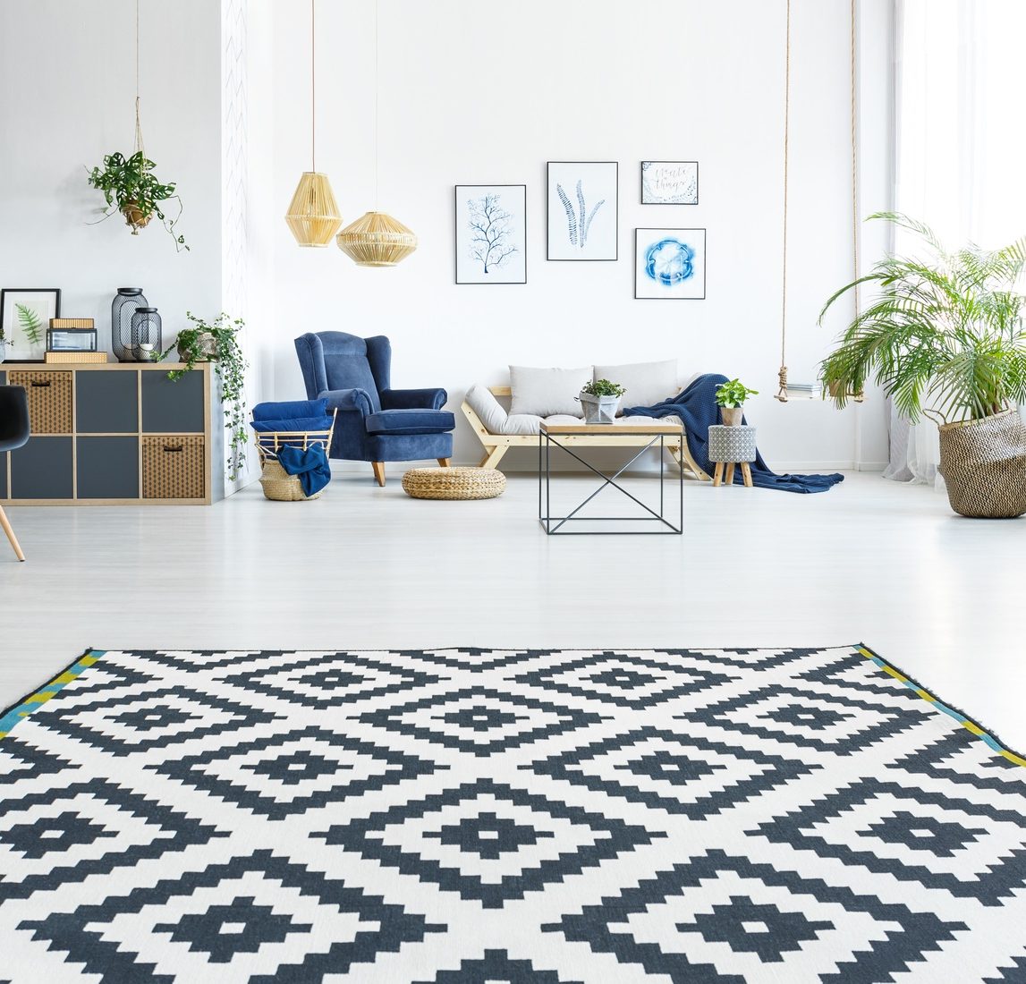 White living room with carpet
